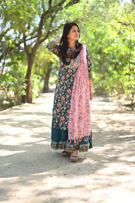 Green Handblock Sharara Suit Set
