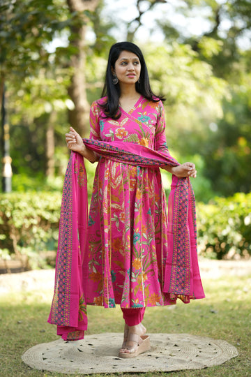 Rani Pink Cotton Anarkali Suit Set