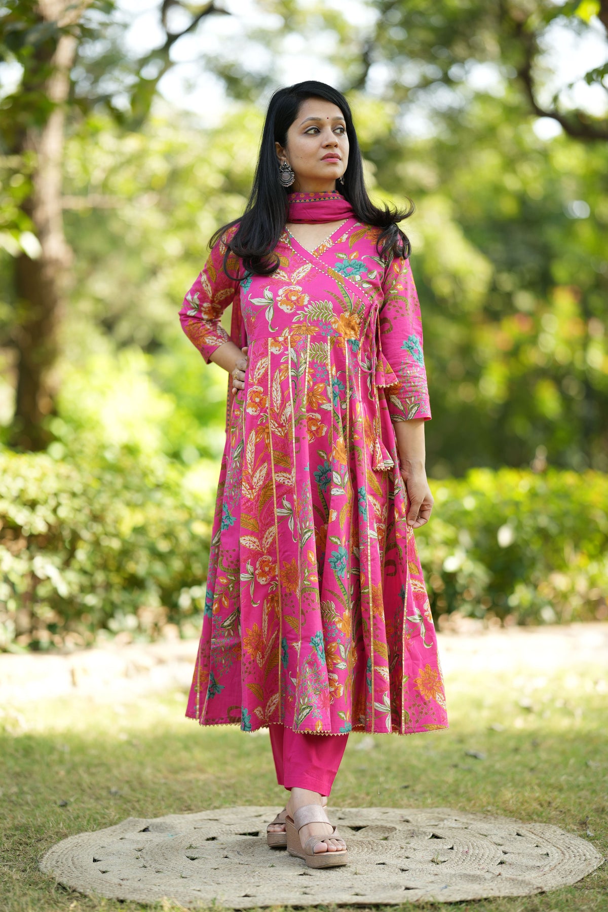 Rani Pink Cotton Anarkali Suit Set