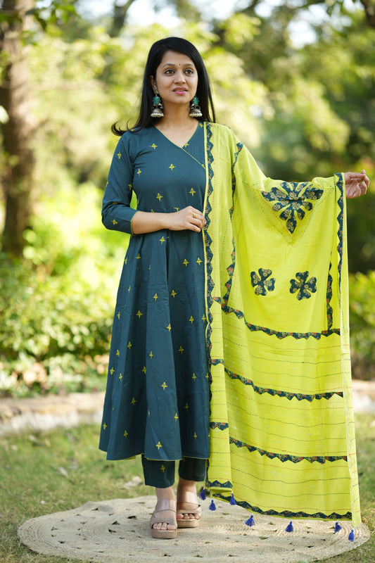 Manjaro Teal Cotton Anarkali Suit Set