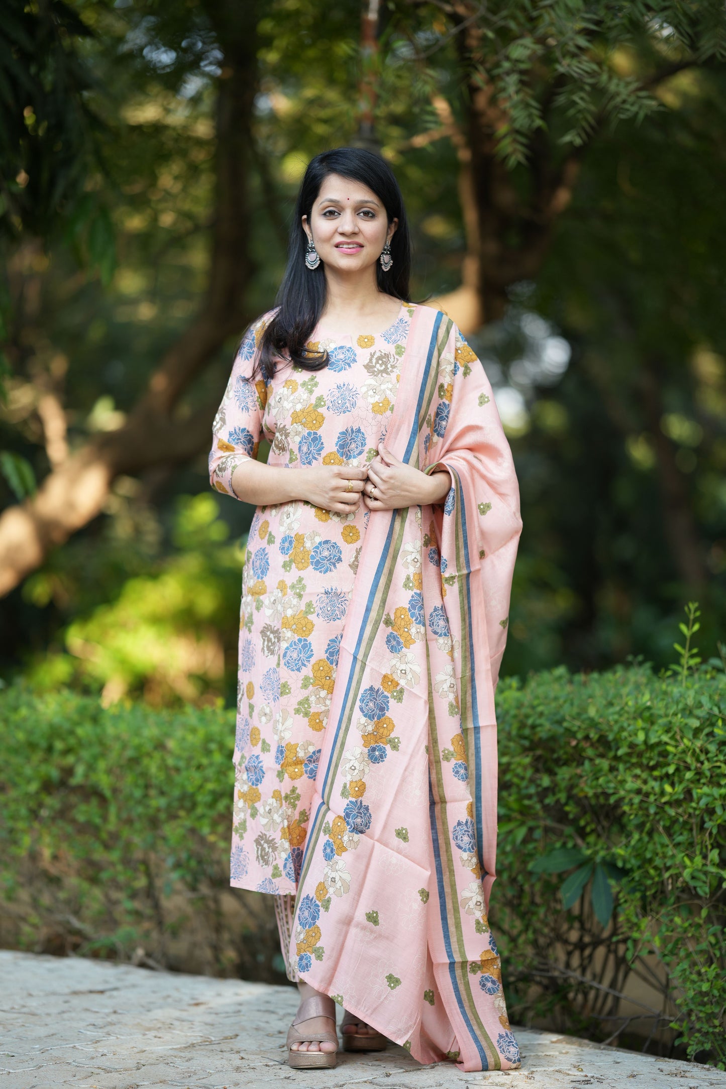 Floral Peach Silk Suit Set