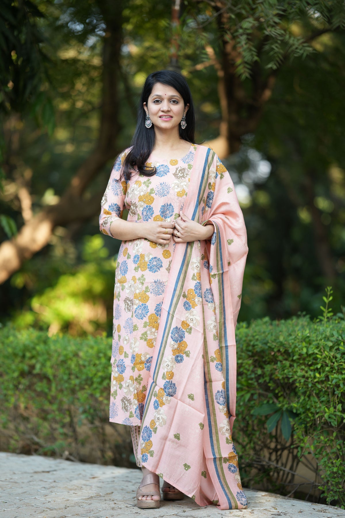 Floral Peach Silk Suit Set