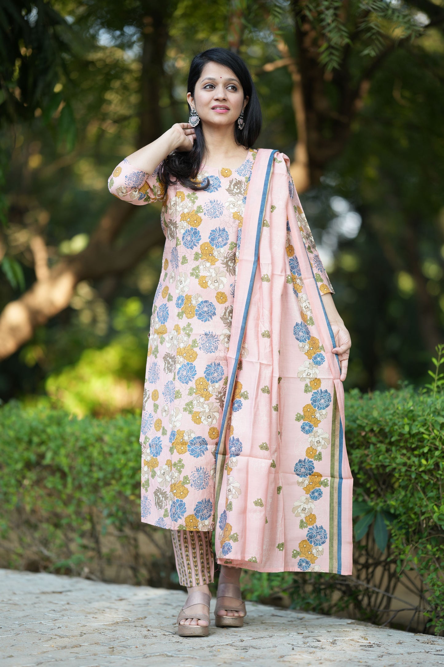 Floral Peach Silk Suit Set