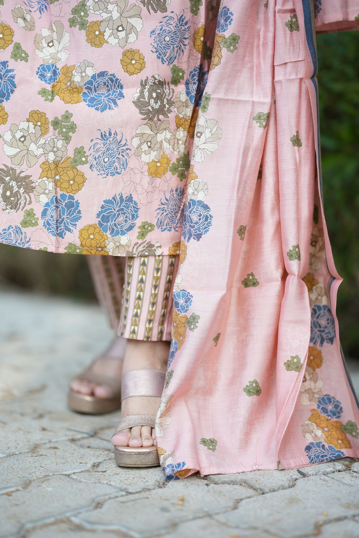 Floral Peach Silk Suit Set