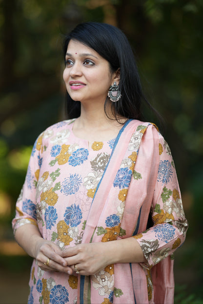 Floral Peach Silk Suit Set