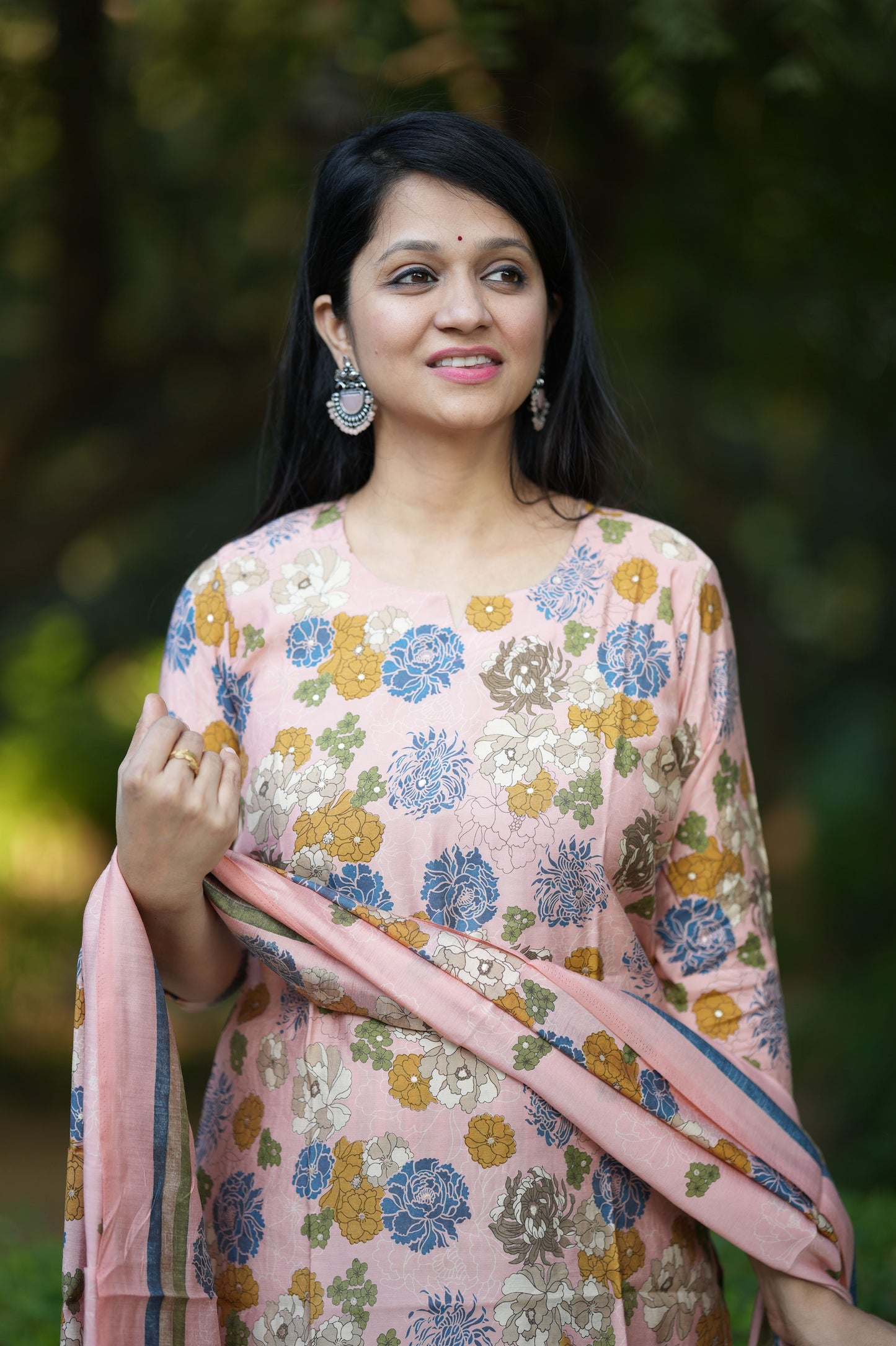 Floral Peach Silk Suit Set