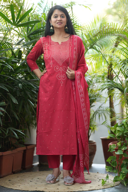 Nivara Red Mirror Embroidered Cotton Suit Set