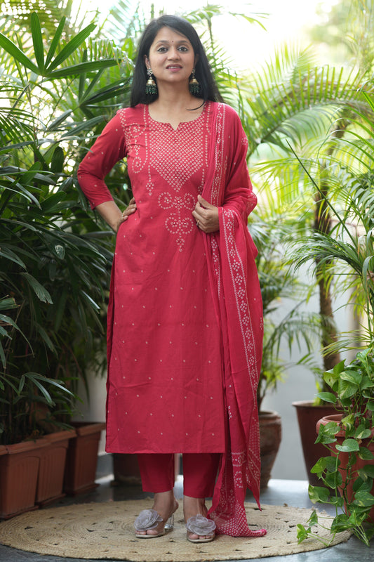 Nivara Red Mirror Embroidered Cotton Suit Set
