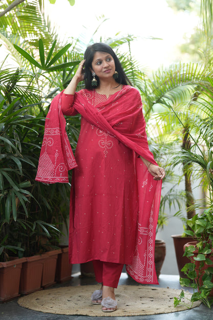 Nivara Red Mirror Embroidered Cotton Suit Set