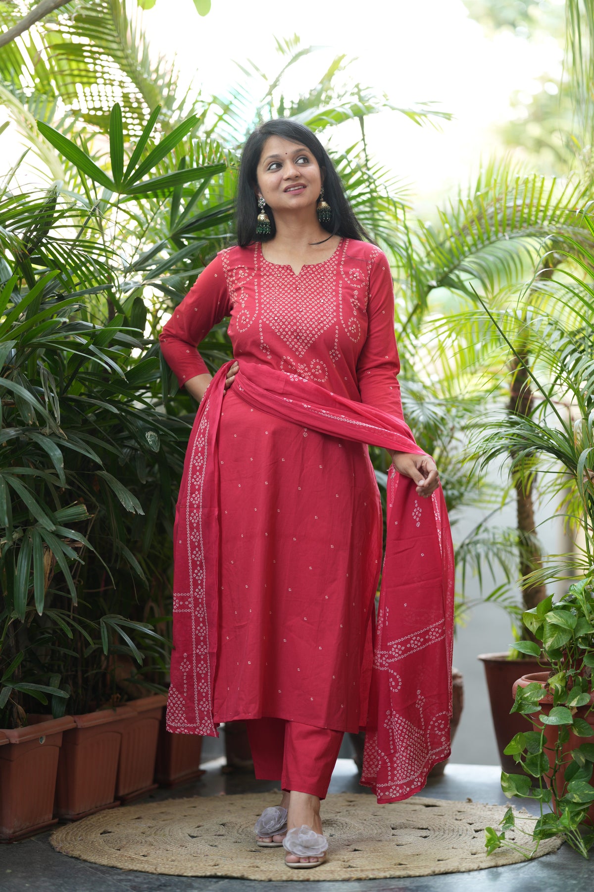 Nivara Red Mirror Embroidered Cotton Suit Set