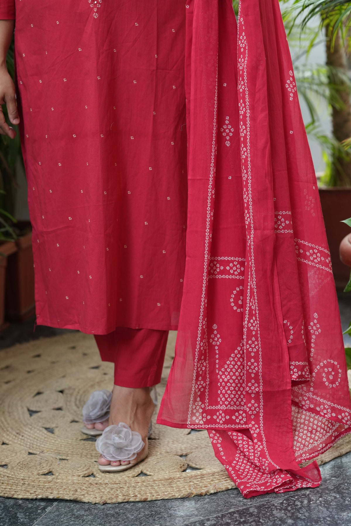 Nivara Red Mirror Embroidered Cotton Suit Set