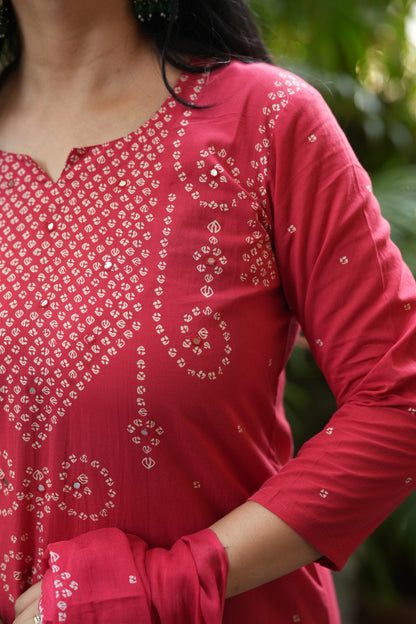 Nivara Red Mirror Embroidered Cotton Suit Set