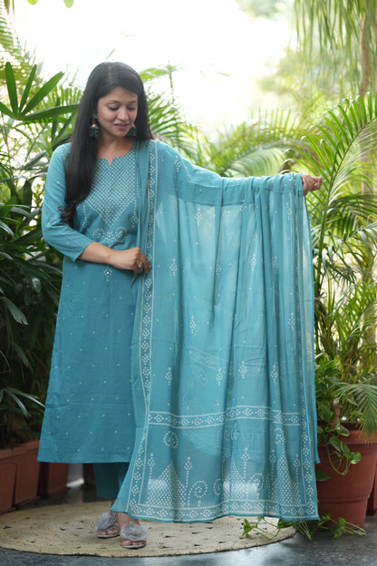 Nivara Teal Mirror Embroidered Cotton Suit Set