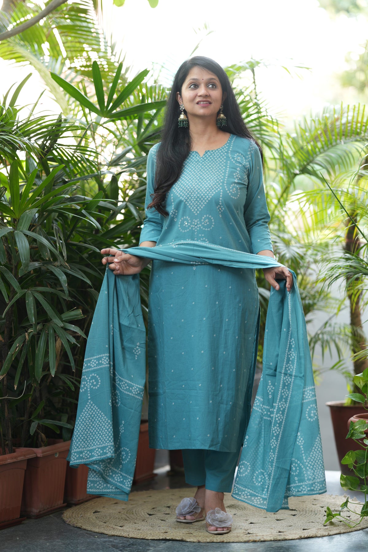 Nivara Teal Mirror Embroidered Cotton Suit Set