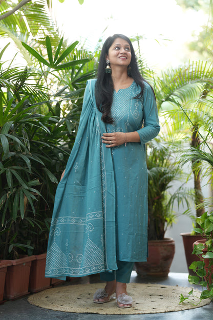 Nivara Teal Mirror Embroidered Cotton Suit Set