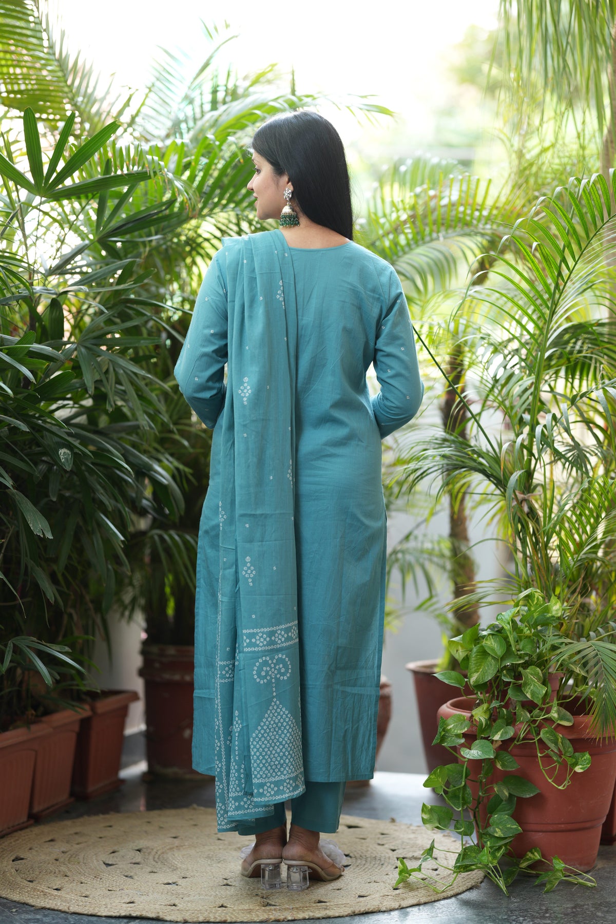 Nivara Teal Mirror Embroidered Cotton Suit Set