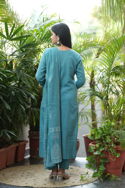 Nivara Teal Mirror Embroidered Cotton Suit Set