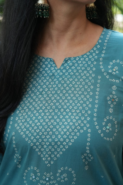 Nivara Teal Mirror Embroidered Cotton Suit Set