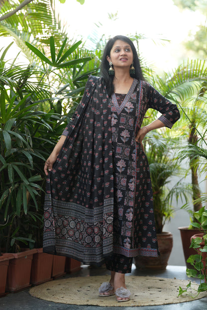 Shyamika Black Ajrakh Print A-Line Suit Set
