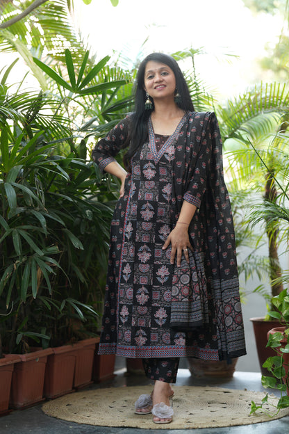 Shyamika Black Ajrakh Print A-Line Suit Set