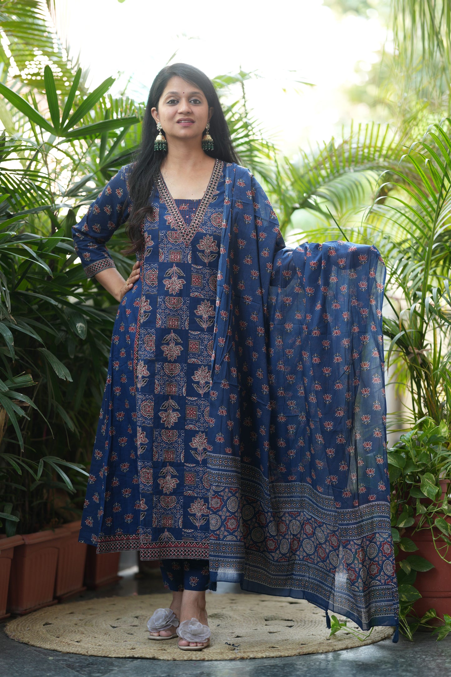 Neelika Indigo Blue Ajrakh Print A-Line Suit Set