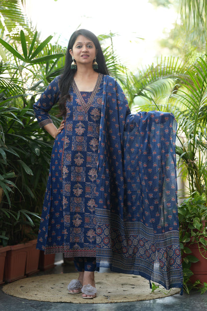 Neelika Indigo Blue Ajrakh Print A-Line Suit Set