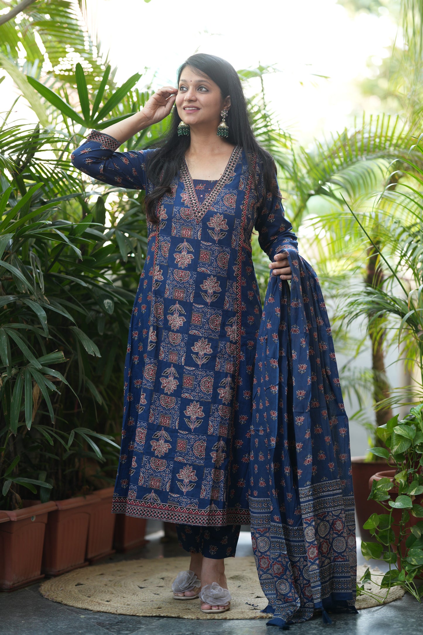 Neelika Indigo Blue Ajrakh Print A-Line Suit Set
