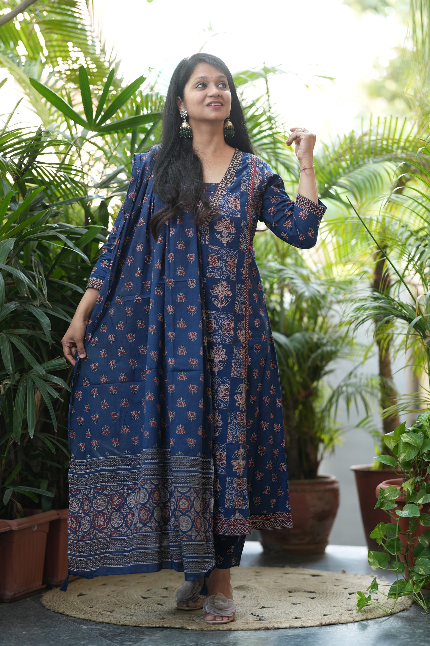 Neelika Indigo Blue Ajrakh Print A-Line Suit Set