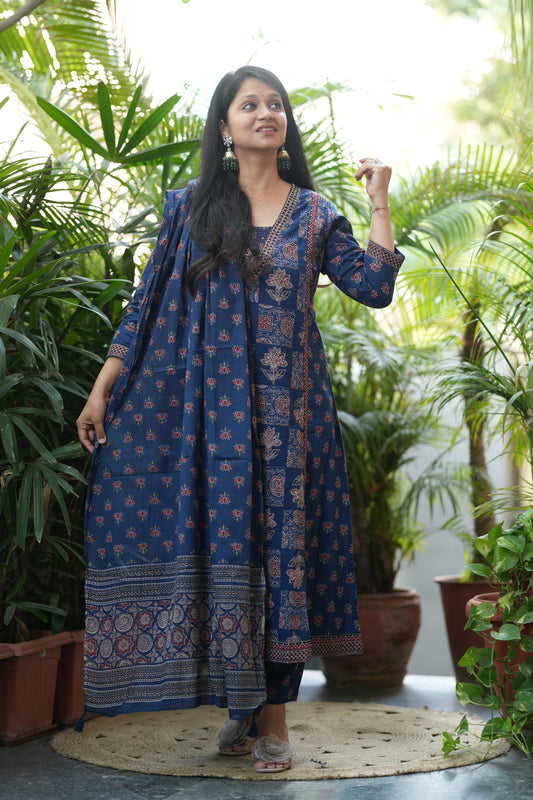 Neelika Indigo Blue Ajrakh Print A-Line Suit Set