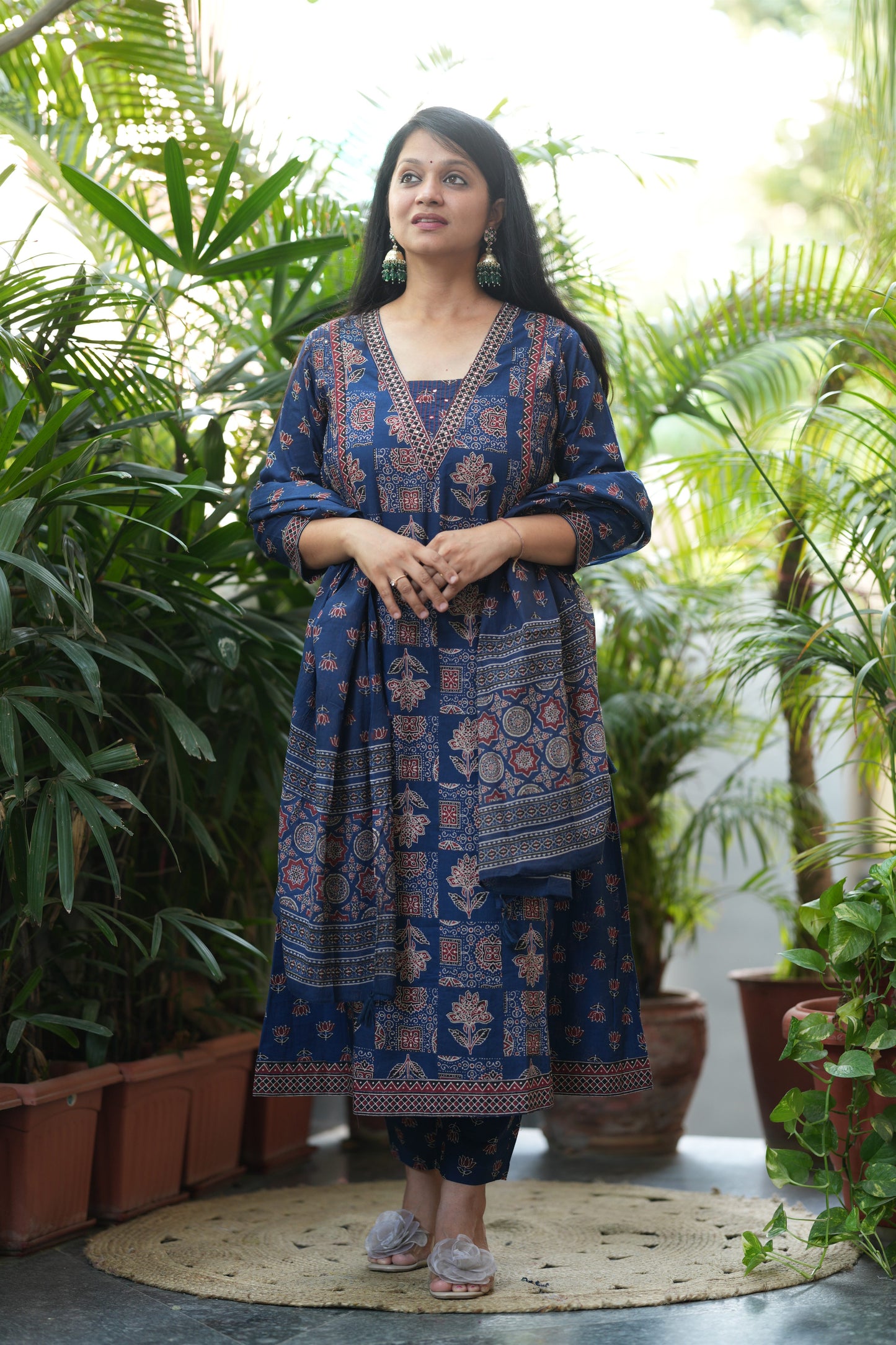 Neelika Indigo Blue Ajrakh Print A-Line Suit Set