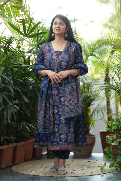 Neelika Indigo Blue Ajrakh Print A-Line Suit Set