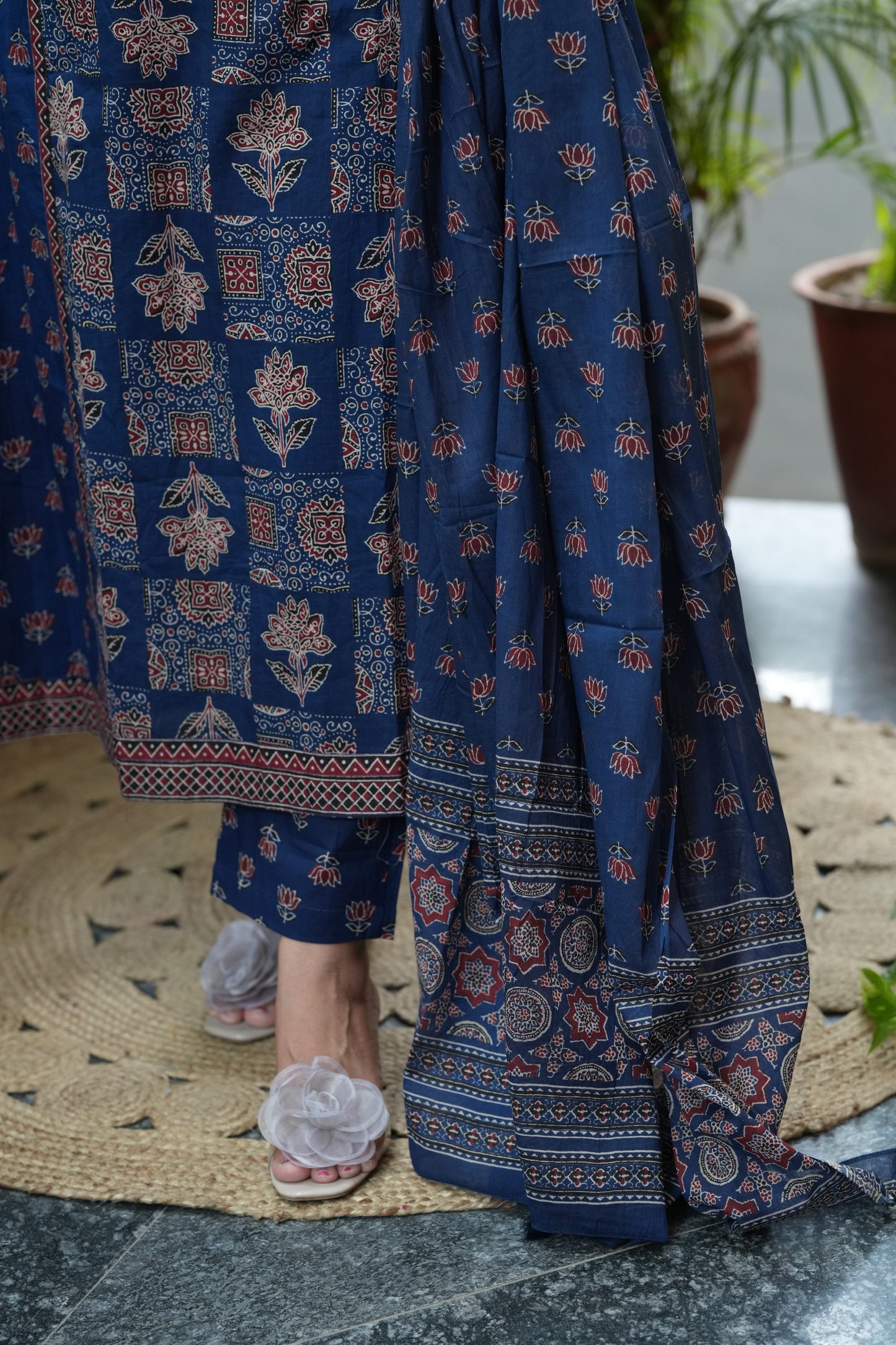 Neelika Indigo Blue Ajrakh Print A-Line Suit Set
