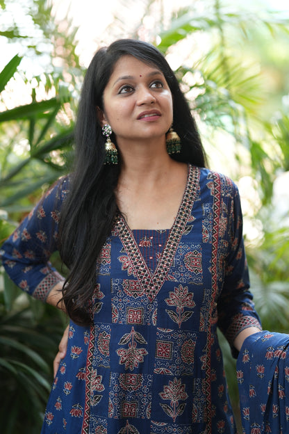 Neelika Indigo Blue Ajrakh Print A-Line Suit Set