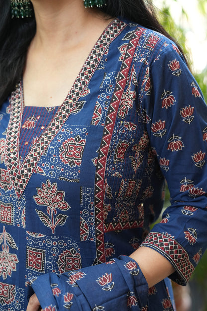Neelika Indigo Blue Ajrakh Print A-Line Suit Set