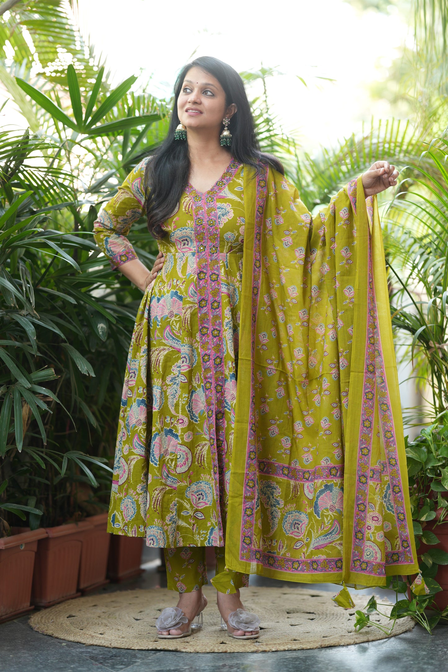 Parrot Green Cotton Anarkali Suit Set