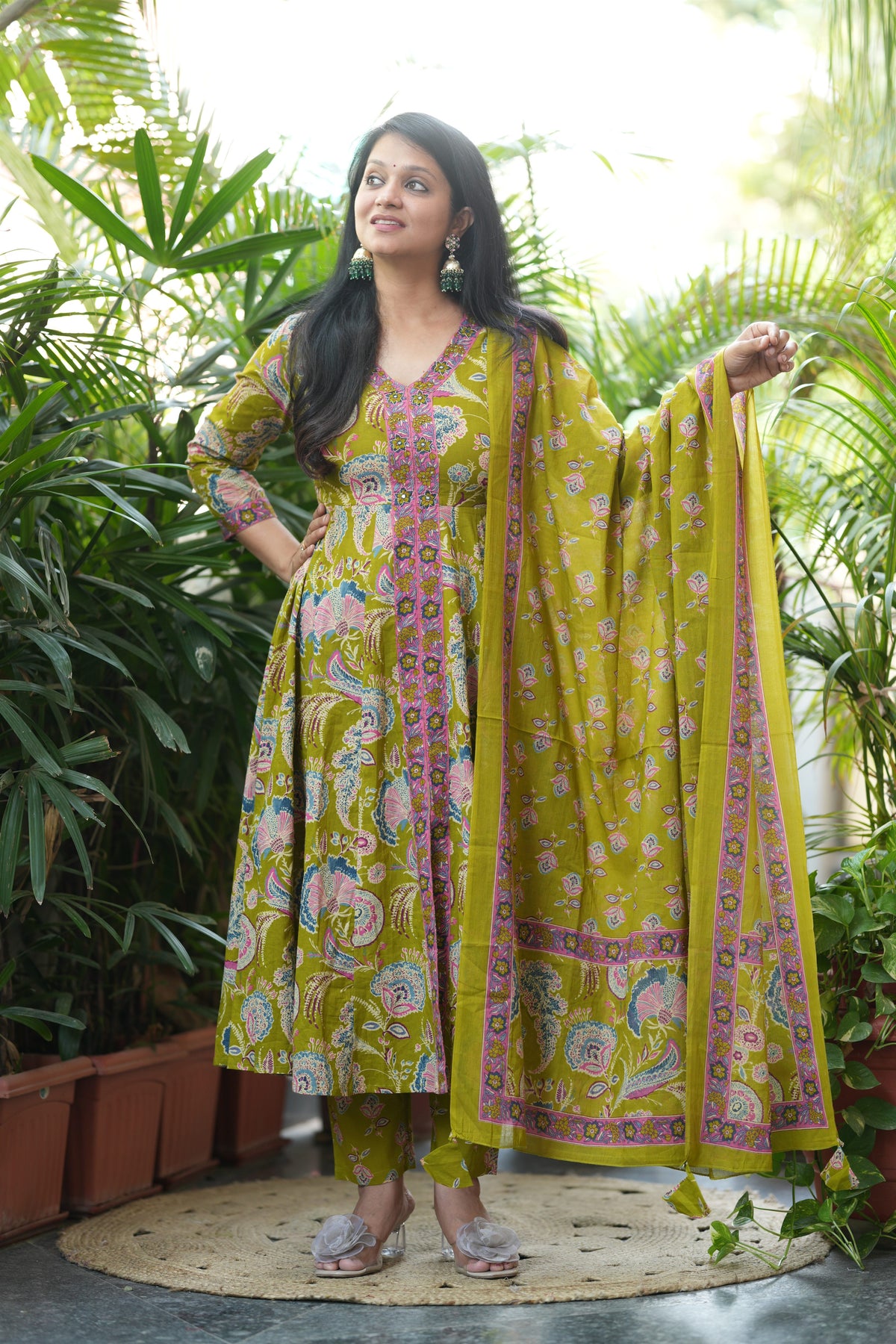 Parrot Green Cotton Anarkali Suit Set