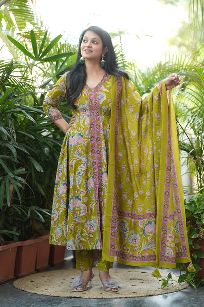 Parrot Green Cotton Anarkali Suit Set