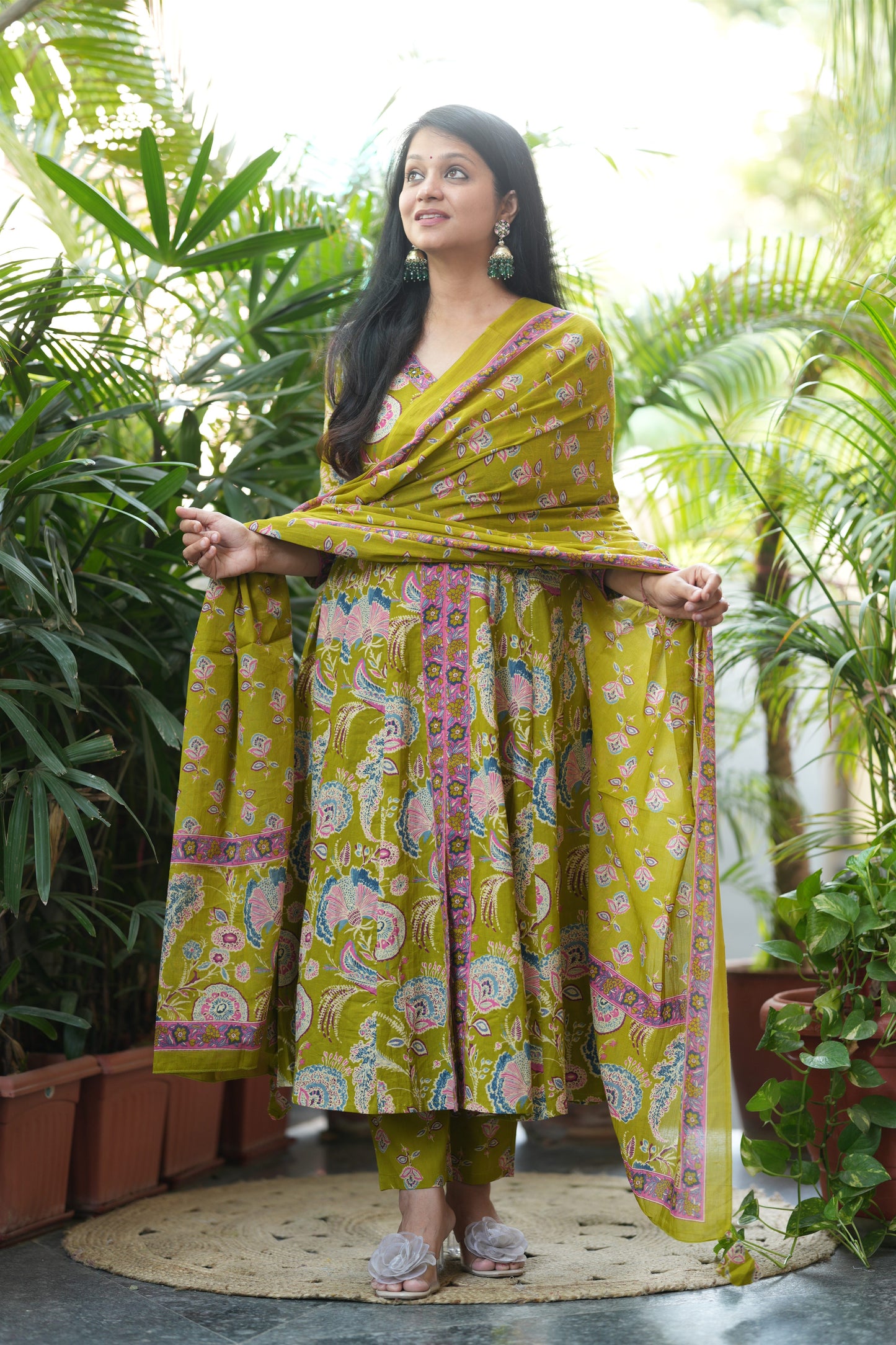 Parrot Green Cotton Anarkali Suit Set