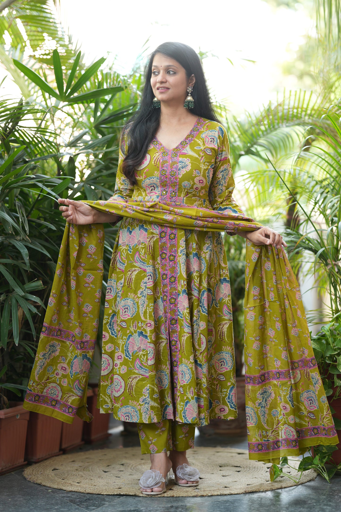 Parrot Green Cotton Anarkali Suit Set