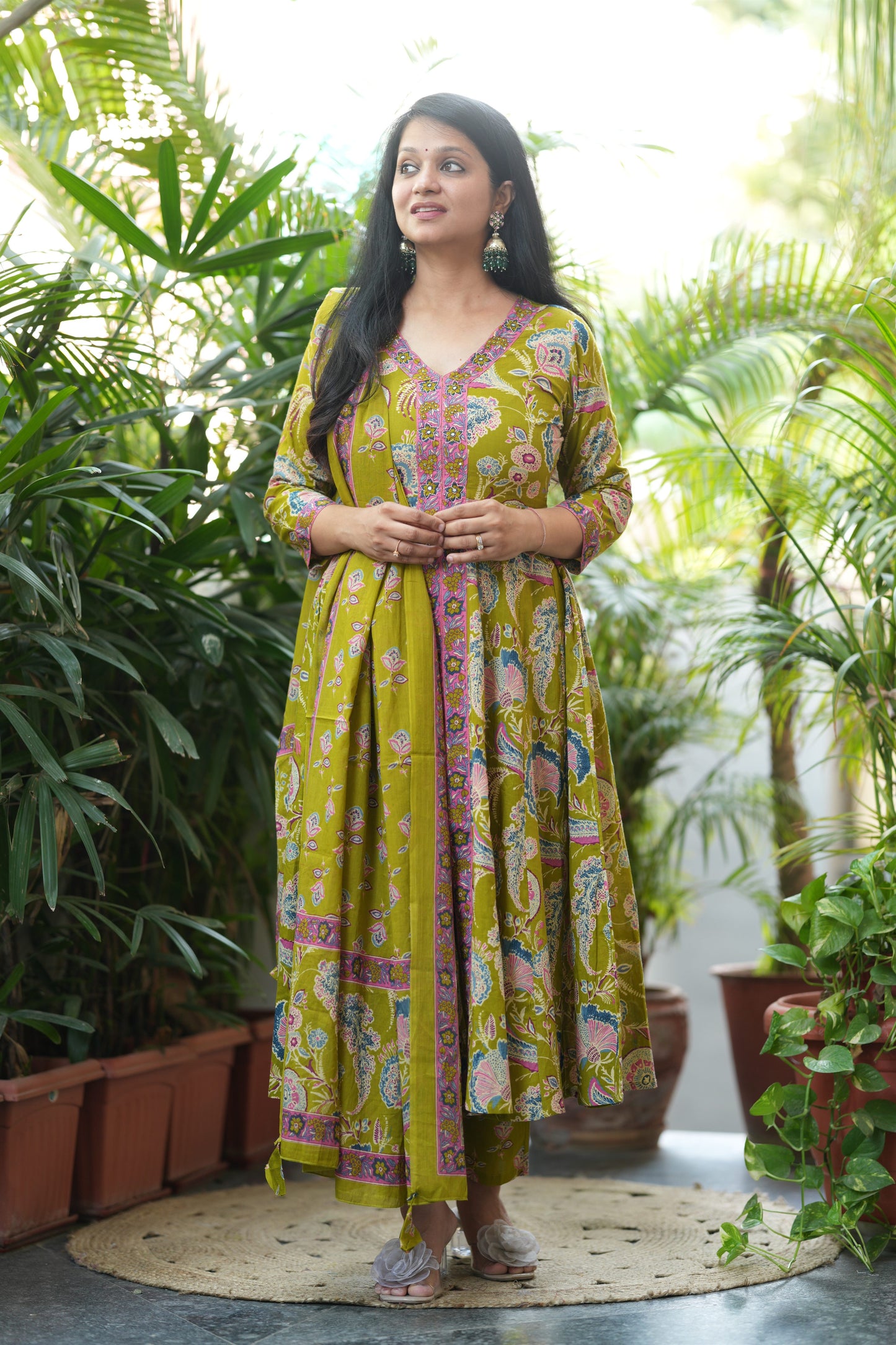 Parrot Green Cotton Anarkali Suit Set