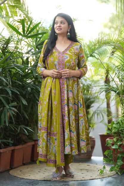 Parrot Green Cotton Anarkali Suit Set
