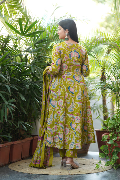 Parrot Green Cotton Anarkali Suit Set