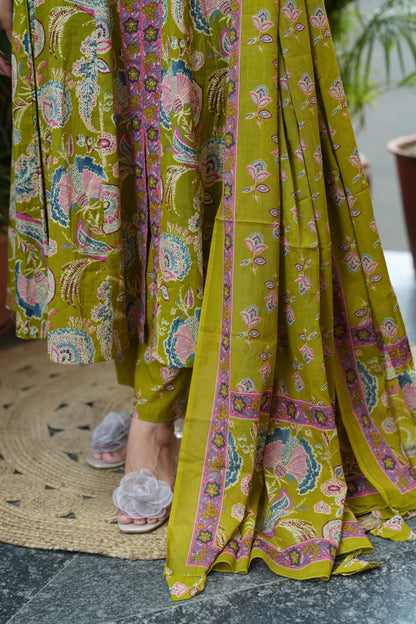 Parrot Green Cotton Anarkali Suit Set