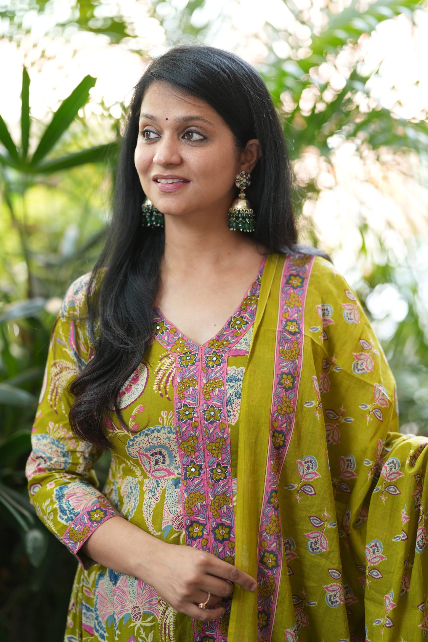 Parrot Green Cotton Anarkali Suit Set