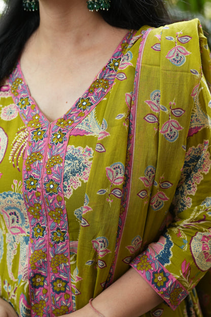 Parrot Green Cotton Anarkali Suit Set