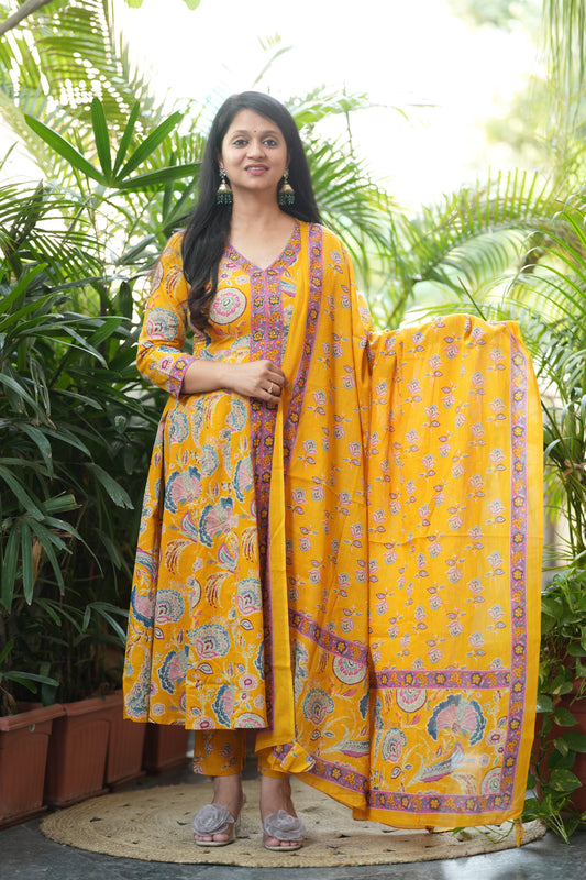 Golden Mustard Cotton Anarkali Suit Set