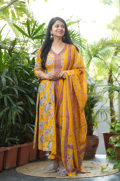 Golden Mustard Cotton Anarkali Suit Set