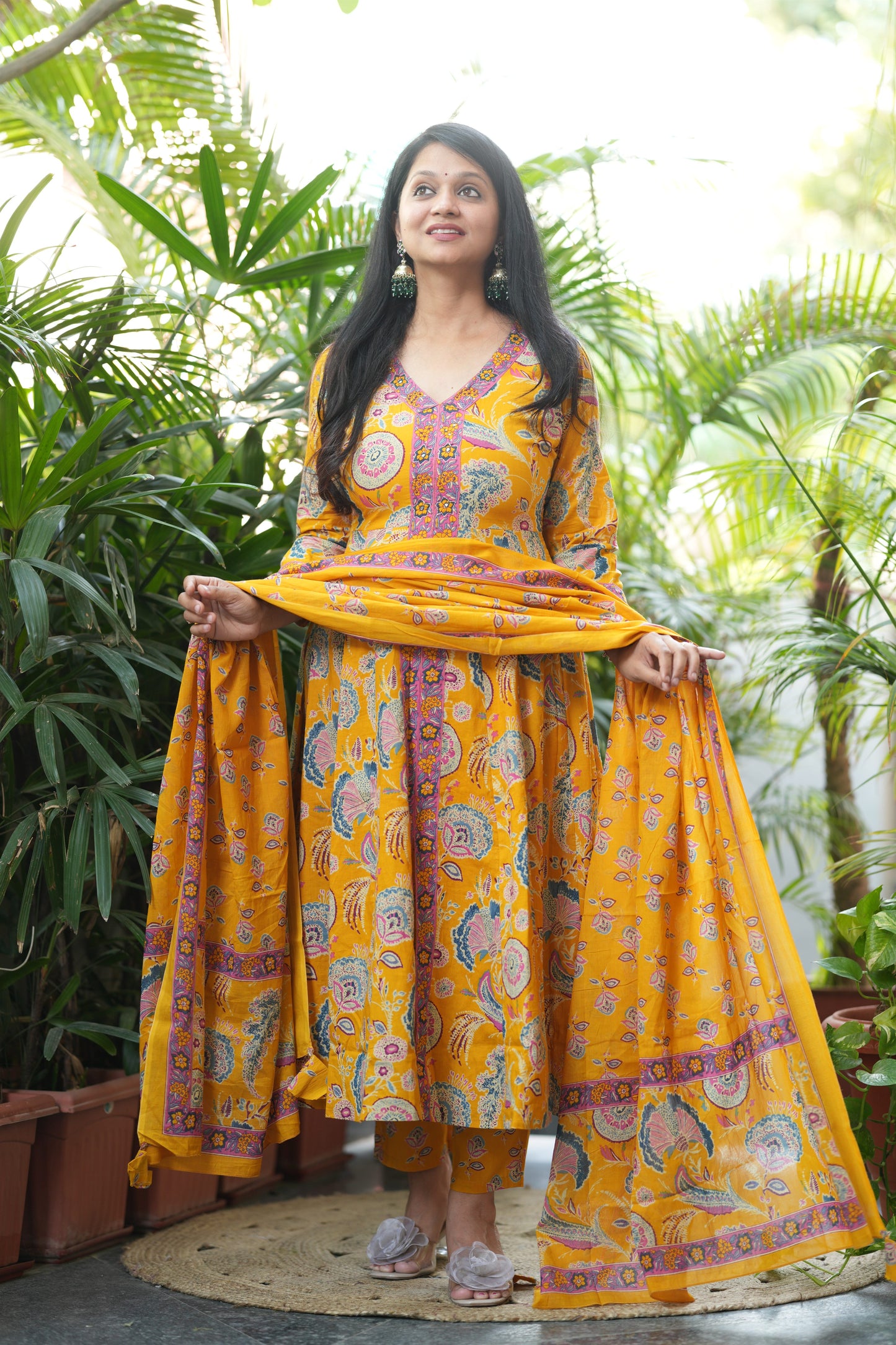 Golden Mustard Cotton Anarkali Suit Set