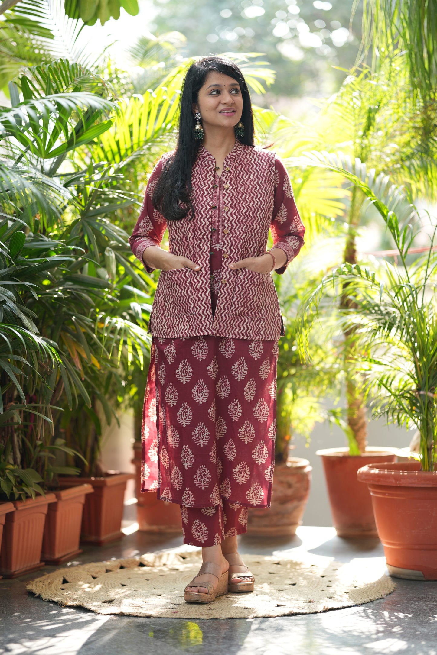Red Zig-zag Kurta Pant with Jacket Set