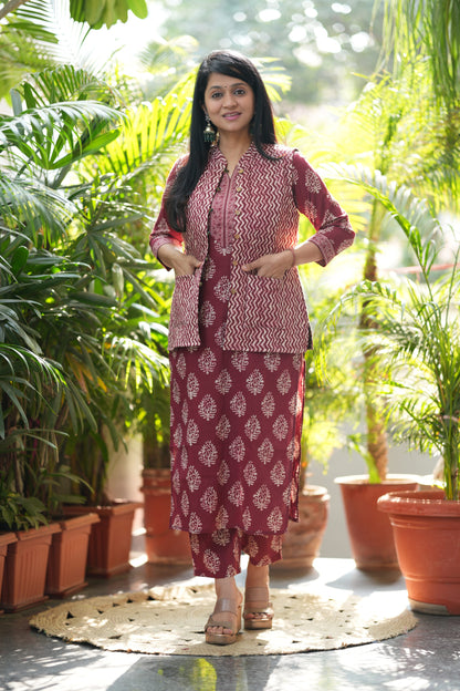 Red Zig-zag Kurta Pant with Jacket Set
